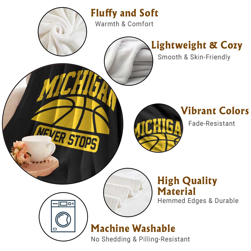 Michigan Never Stops Throw Blanket Great Lakes State Basketball Pride Gift