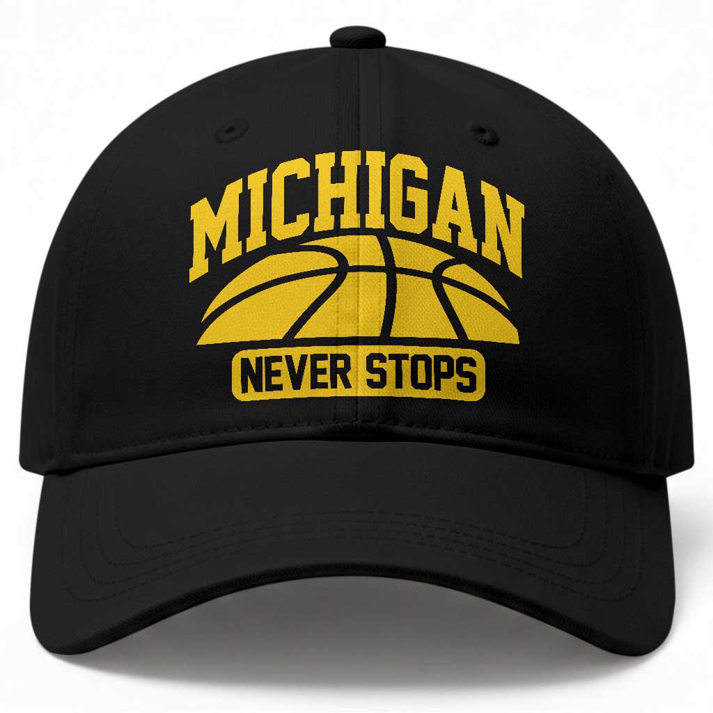 Michigan Never Stops Baseball Cap Great Lakes State Basketball Pride Gift