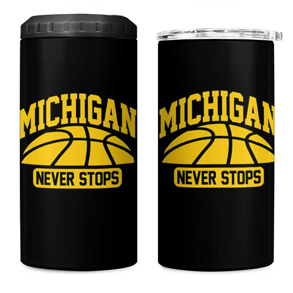Michigan Never Stops 4 in 1 Can Cooler Tumbler Great Lakes State Basketball Pride Gift