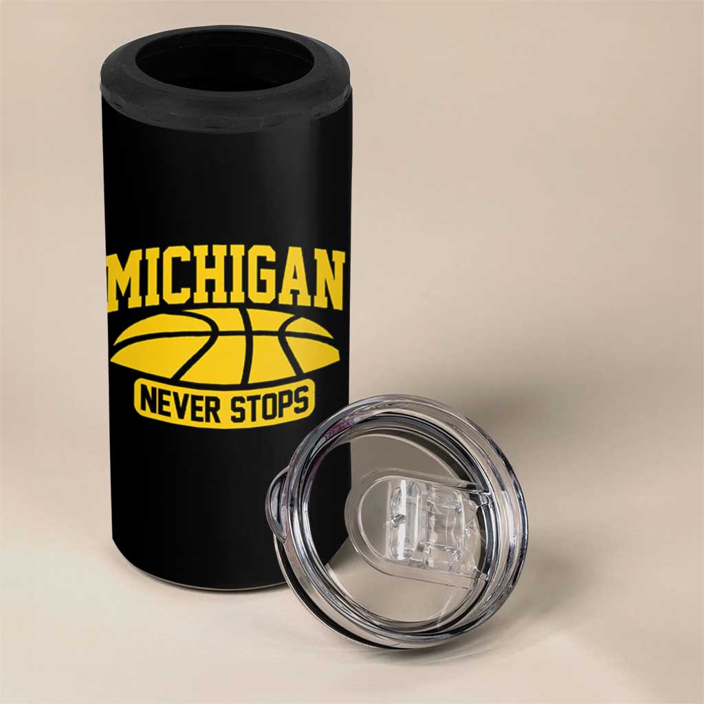 Michigan Never Stops 4 in 1 Can Cooler Tumbler Great Lakes State Basketball Pride Gift