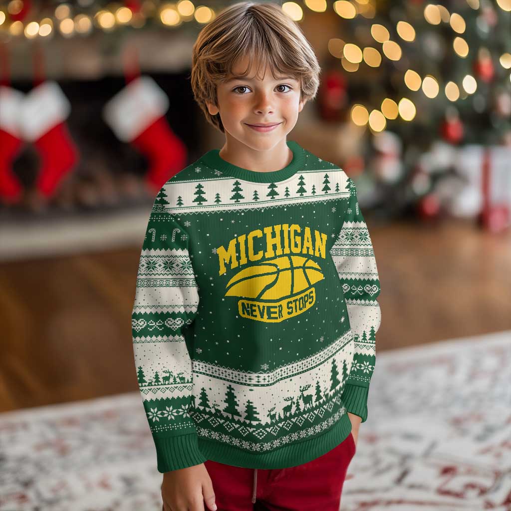 Michigan Never Stops Ugly Christmas Sweater Great Lakes State Basketball Pride Gift