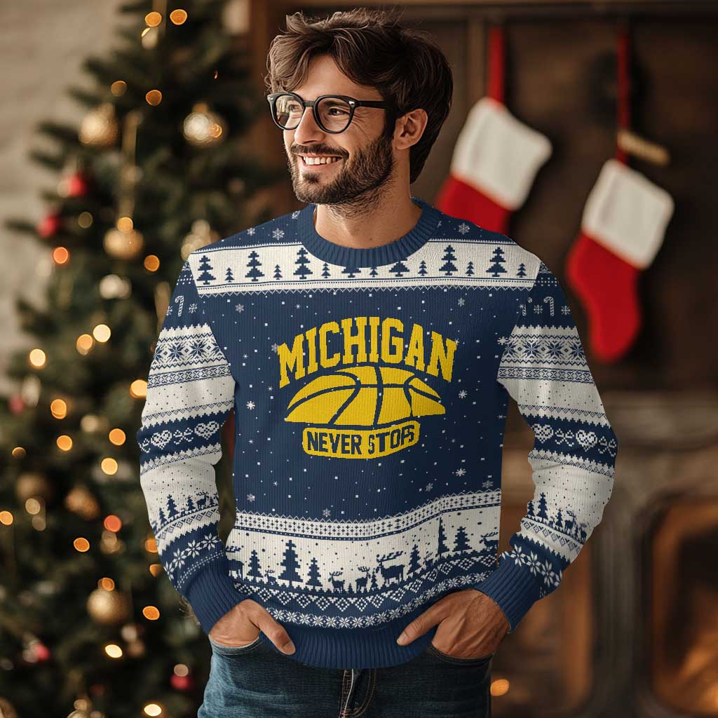 Michigan Never Stops Ugly Christmas Sweater Great Lakes State Basketball Pride Gift