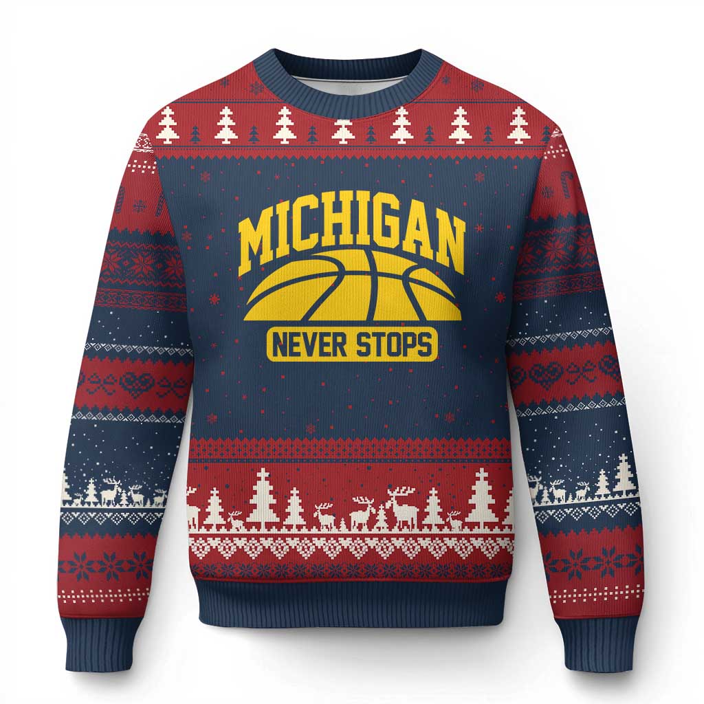 Michigan Never Stops Ugly Christmas Sweater Great Lakes State Basketball Pride Gift