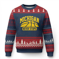 Michigan Never Stops Ugly Christmas Sweater Great Lakes State Basketball Pride Gift