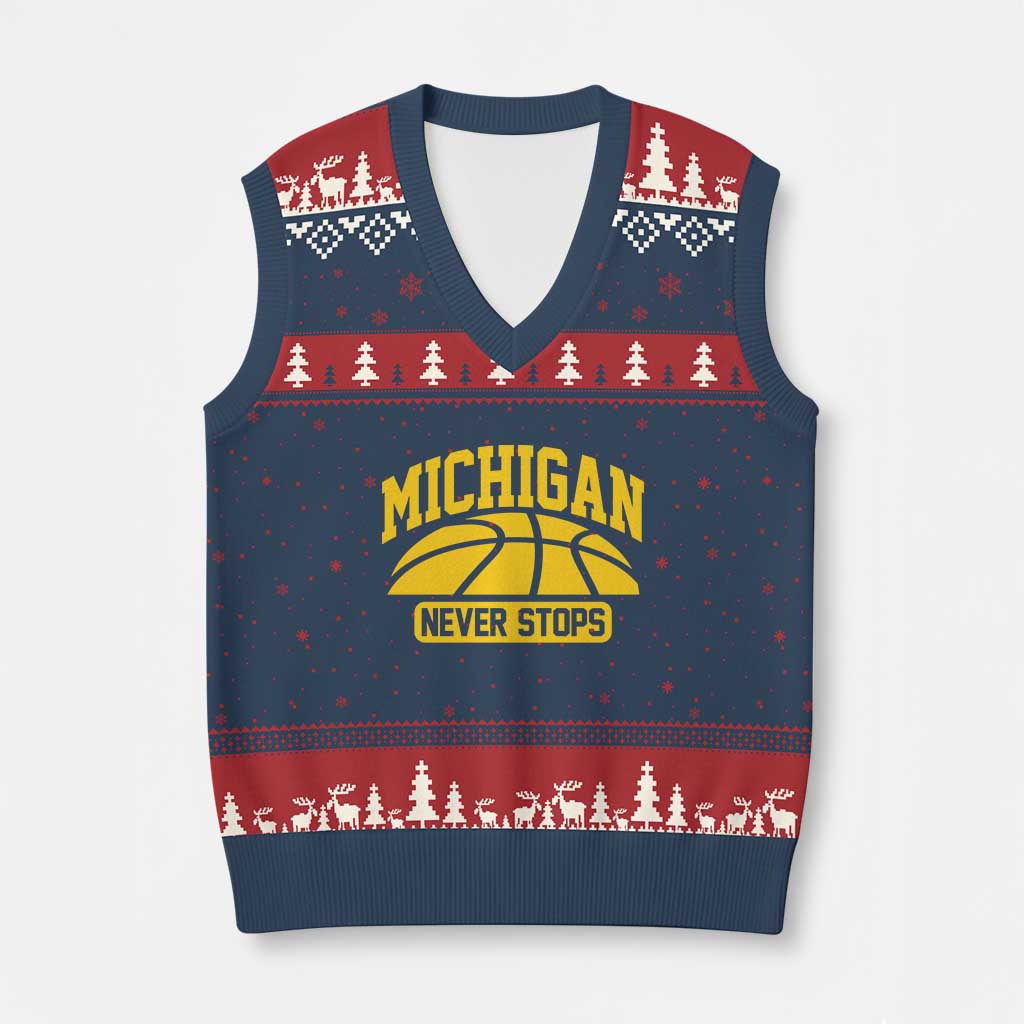 Michigan Never Stops V-Neck Knit Sweater Vest Great Lakes State Basketball Pride Gift