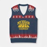 Michigan Never Stops V-Neck Knit Sweater Vest Great Lakes State Basketball Pride Gift