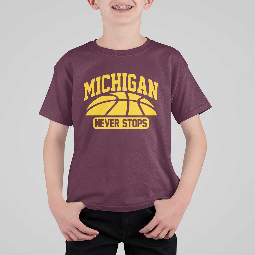 Michigan Never Stops T Shirt For Kid Great Lakes State Basketball Pride Gift