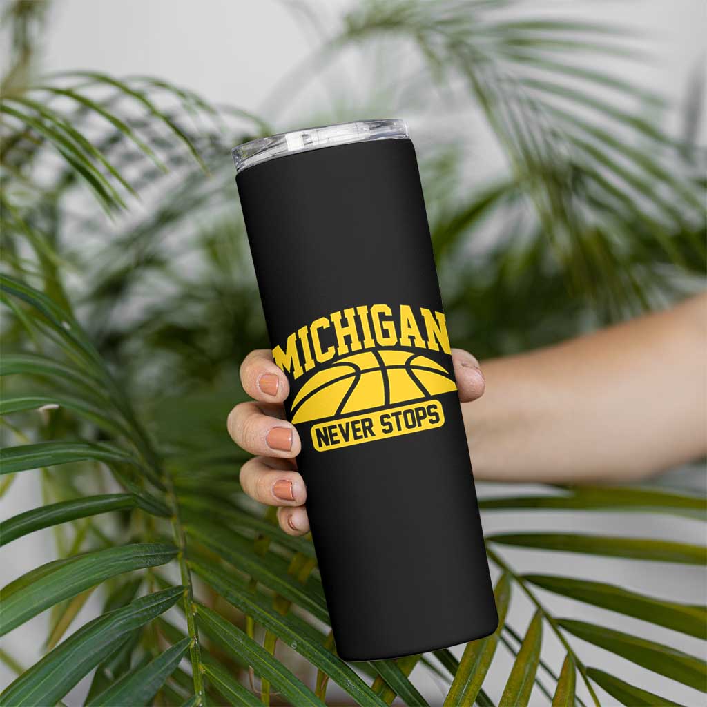 Michigan Never Stops Skinny Tumbler Great Lakes State Basketball Pride Gift