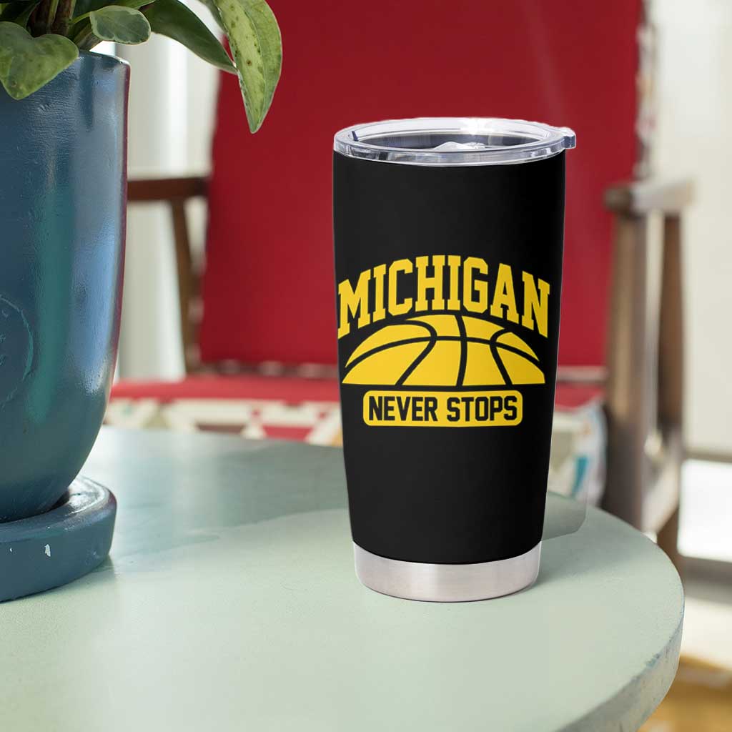 Michigan Never Stops Tumbler Cup Great Lakes State Basketball Pride Gift