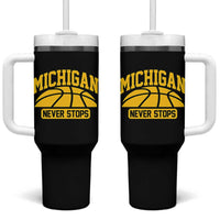 Michigan Never Stops Tumbler With Handle Great Lakes State Basketball Pride Gift