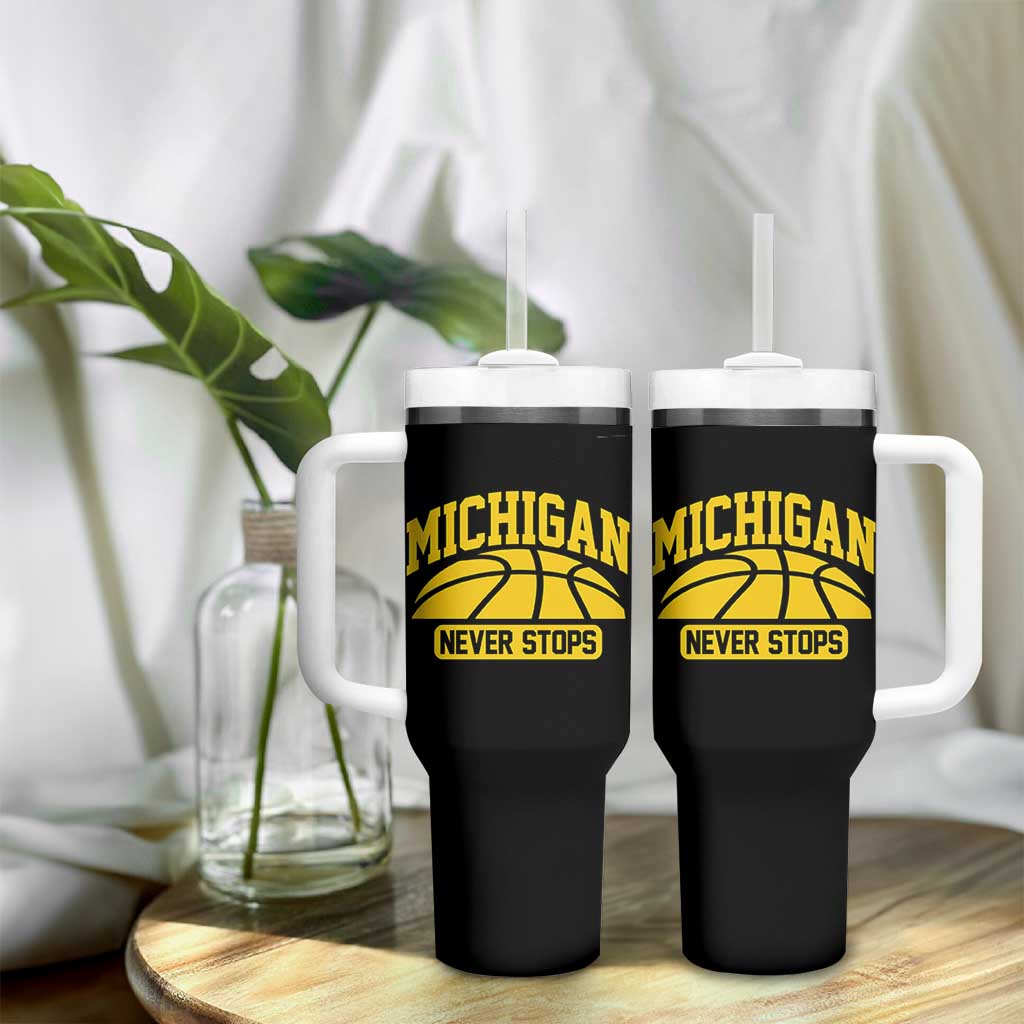 Michigan Never Stops Tumbler With Handle Great Lakes State Basketball Pride Gift