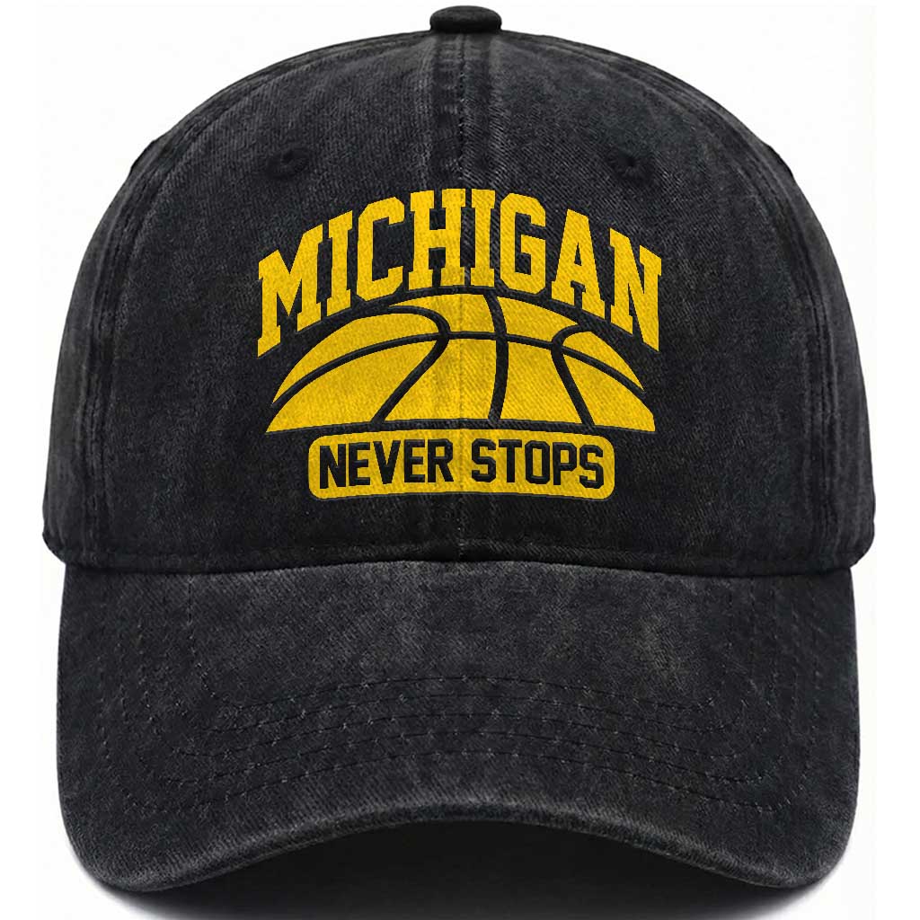 Michigan Never Stops Washed Cotton Baseball Cap Great Lakes State Basketball Pride Gift
