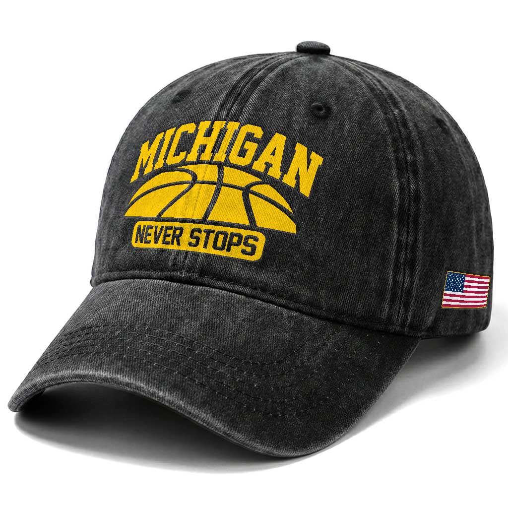 Michigan Never Stops Washed Cotton Baseball Cap Great Lakes State Basketball Pride Gift