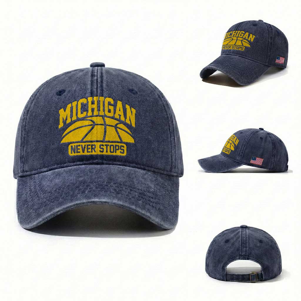 Michigan Never Stops Washed Cotton Baseball Cap Great Lakes State Basketball Pride Gift