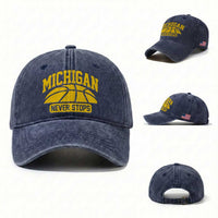 Michigan Never Stops Washed Cotton Baseball Cap Great Lakes State Basketball Pride Gift