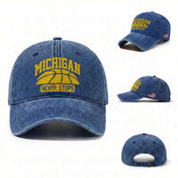 Michigan Never Stops Washed Cotton Baseball Cap Great Lakes State Basketball Pride Gift