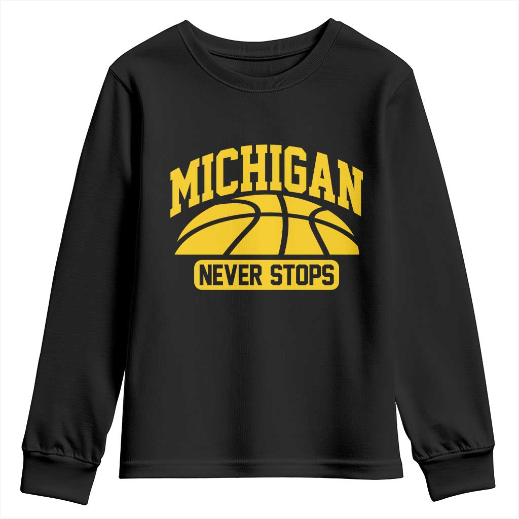 Michigan Never Stops Youth Sweatshirt Great Lakes State Basketball Pride Gift