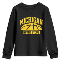 Michigan Never Stops Youth Sweatshirt Great Lakes State Basketball Pride Gift