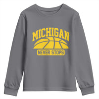 Michigan Never Stops Youth Sweatshirt Great Lakes State Basketball Pride Gift