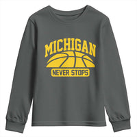 Michigan Never Stops Youth Sweatshirt Great Lakes State Basketball Pride Gift