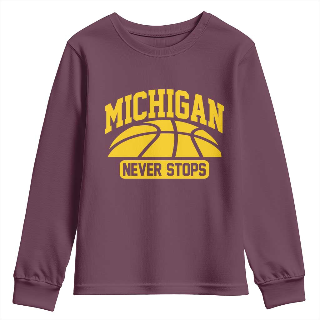Michigan Never Stops Youth Sweatshirt Great Lakes State Basketball Pride Gift