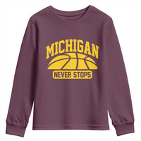 Michigan Never Stops Youth Sweatshirt Great Lakes State Basketball Pride Gift