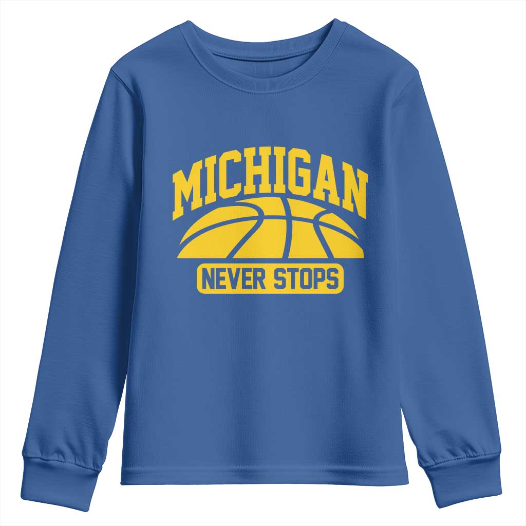 Michigan Never Stops Youth Sweatshirt Great Lakes State Basketball Pride Gift