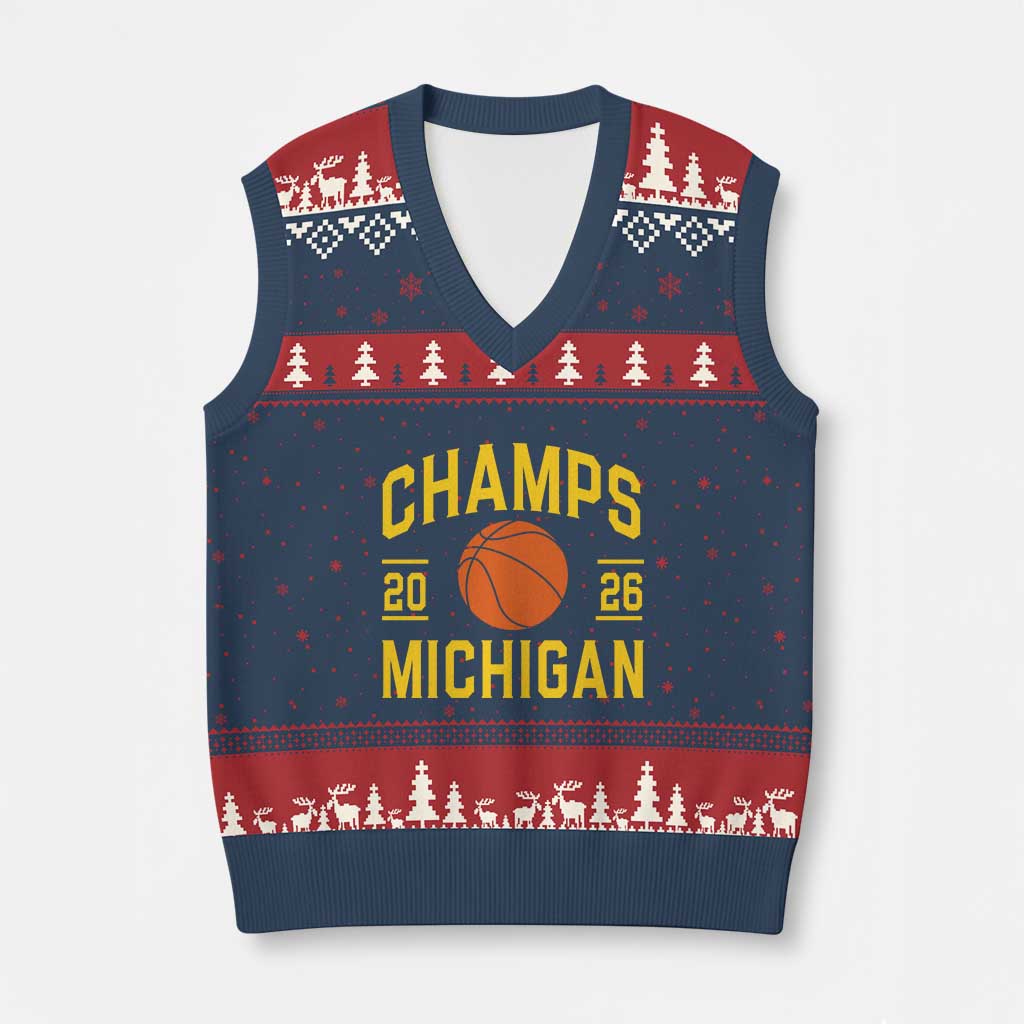 Michigan Hoops Champions Graphic V-Neck Knit Sweater Vest 2026 Basketball Victory Pride