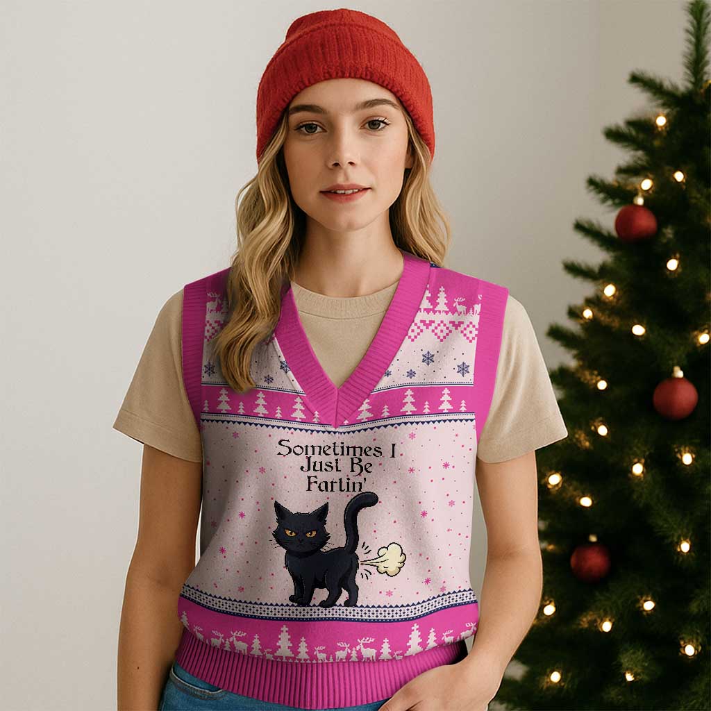 Funny Black Cat Bathroom Humor V-Neck Knit Sweater Vest Sometimes I Just Be Fartin