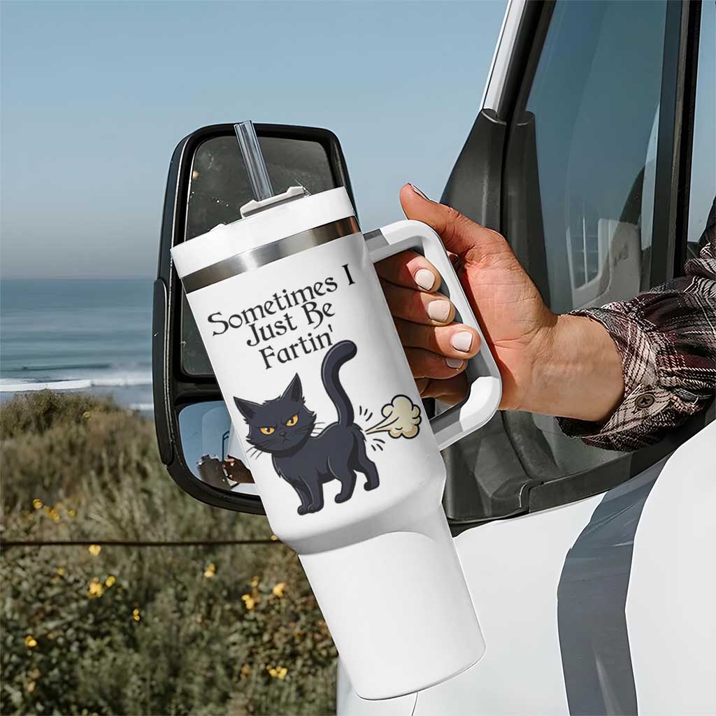 Funny Black Cat Bathroom Humor Tumbler With Handle Sometimes I Just Be Fartin