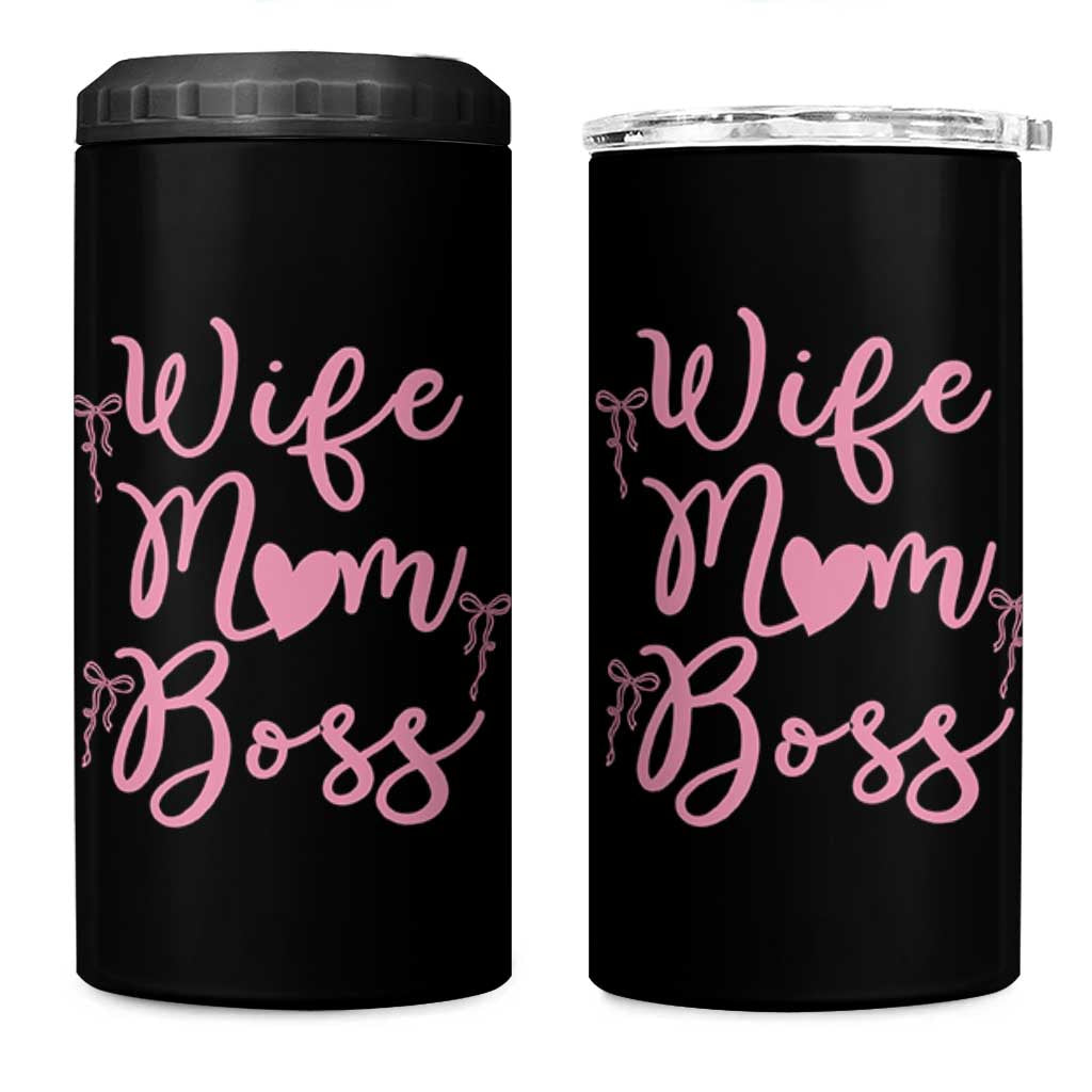 Funny Wife Mom Boss 4 in 1 Can Cooler Tumbler Girly Pink Bows Mothers Day Gift