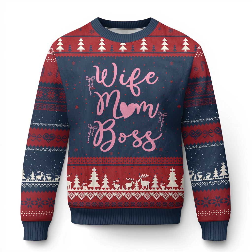 Funny Wife Mom Boss Ugly Christmas Sweater Girly Pink Bows Mothers Day Gift