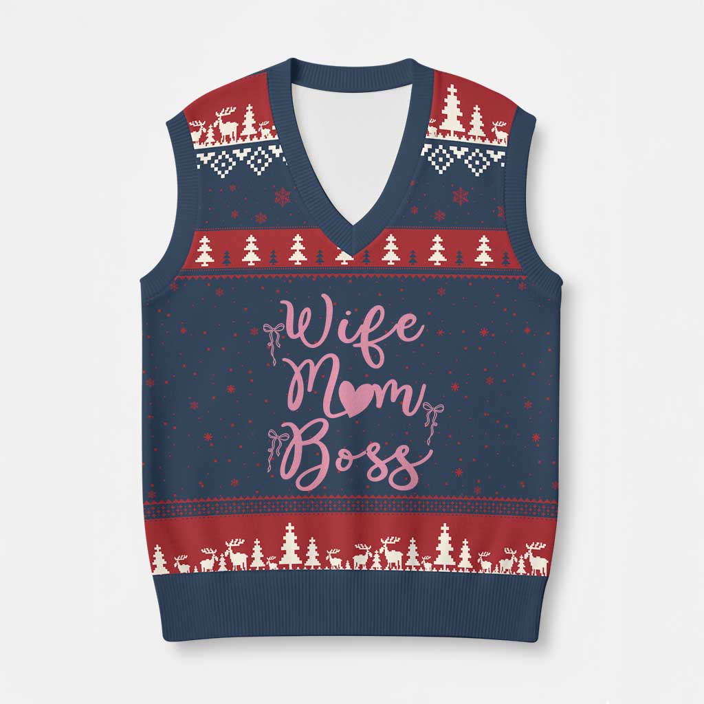 Funny Wife Mom Boss V-Neck Knit Sweater Vest Girly Pink Bows Mothers Day Gift