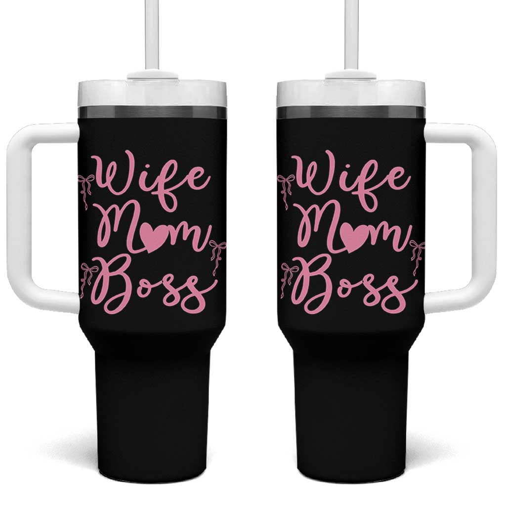 Funny Wife Mom Boss Tumbler With Handle Girly Pink Bows Mothers Day Gift