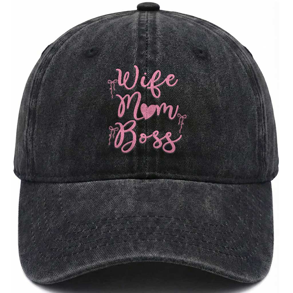 Funny Wife Mom Boss Washed Cotton Baseball Cap Girly Pink Bows Mothers Day Gift