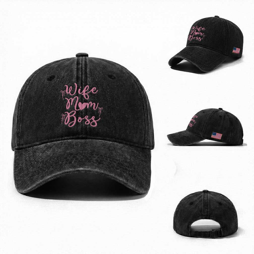 Funny Wife Mom Boss Washed Cotton Baseball Cap Girly Pink Bows Mothers Day Gift