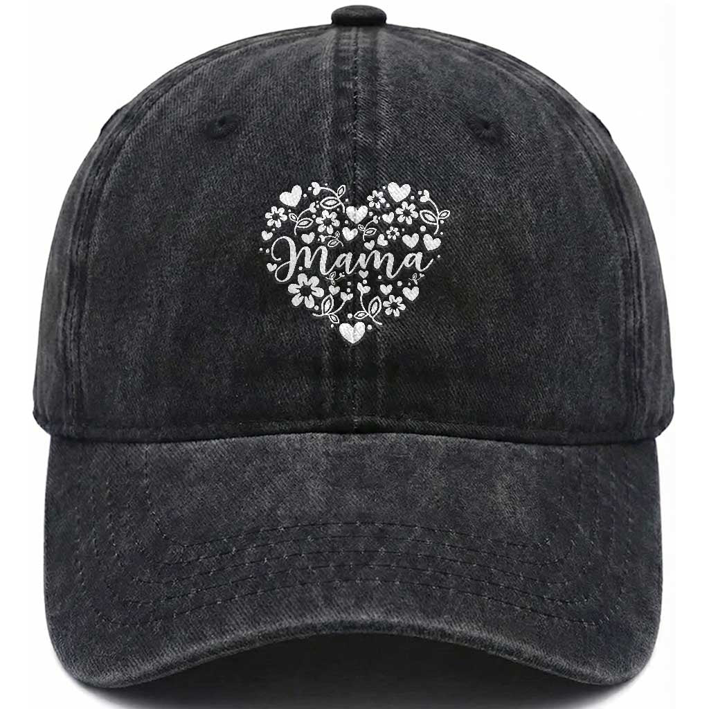 Floral Mama Heart Graphic Washed Cotton Baseball Cap Mothers Day Flower Gift