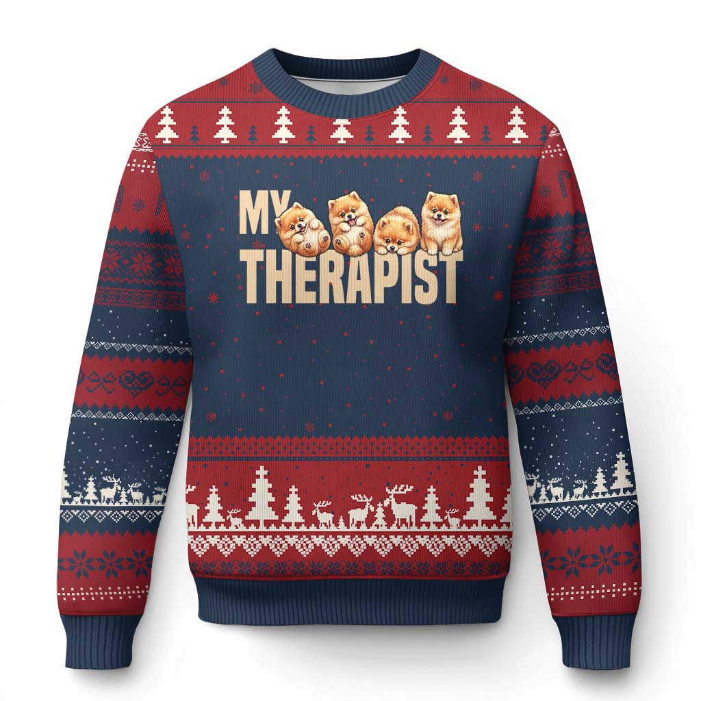 My Therapist Is My Dog Ugly Christmas Sweater Cute Pomeranian Lover Meme