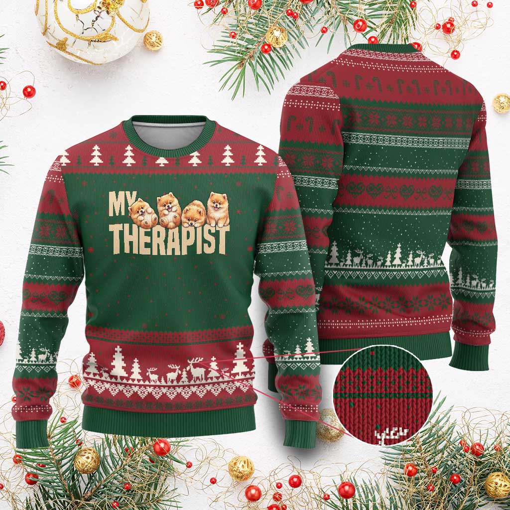 My Therapist Is My Dog Ugly Christmas Sweater Cute Pomeranian Lover Meme