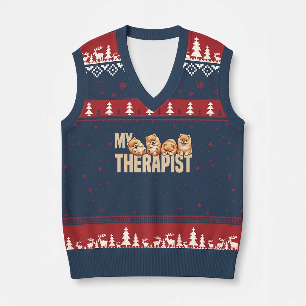 My Therapist Is My Dog V-Neck Knit Sweater Vest Cute Pomeranian Lover Meme