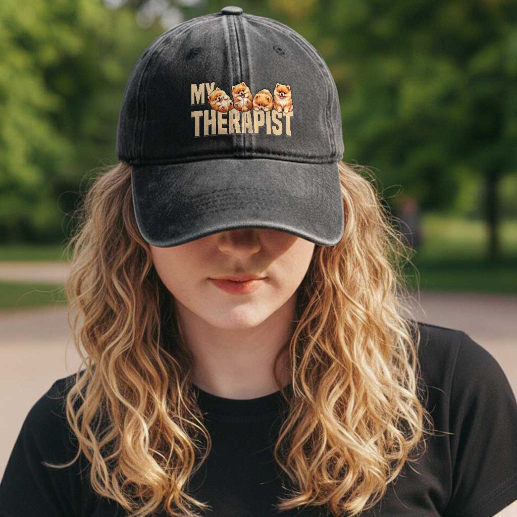My Therapist Is My Dog Washed Cotton Baseball Cap Cute Pomeranian Lover Meme
