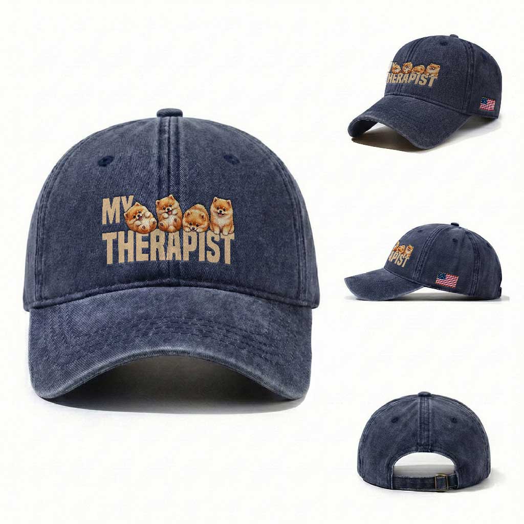 My Therapist Is My Dog Washed Cotton Baseball Cap Cute Pomeranian Lover Meme