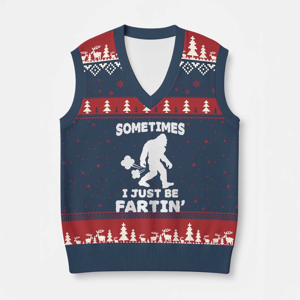 Bigfoot Bathroom Humor V-Neck Knit Sweater Vest Sometimes I Just Be Fartin