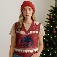 Vintage Urban Michigan Skyline V-Neck Knit Sweater Vest Gift For Basketball Fan