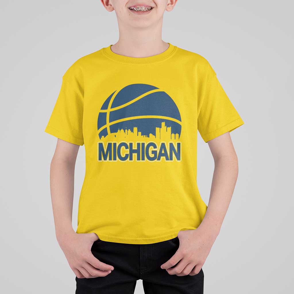 Vintage Urban Michigan Skyline T Shirt For Kid Gift For Basketball Fan