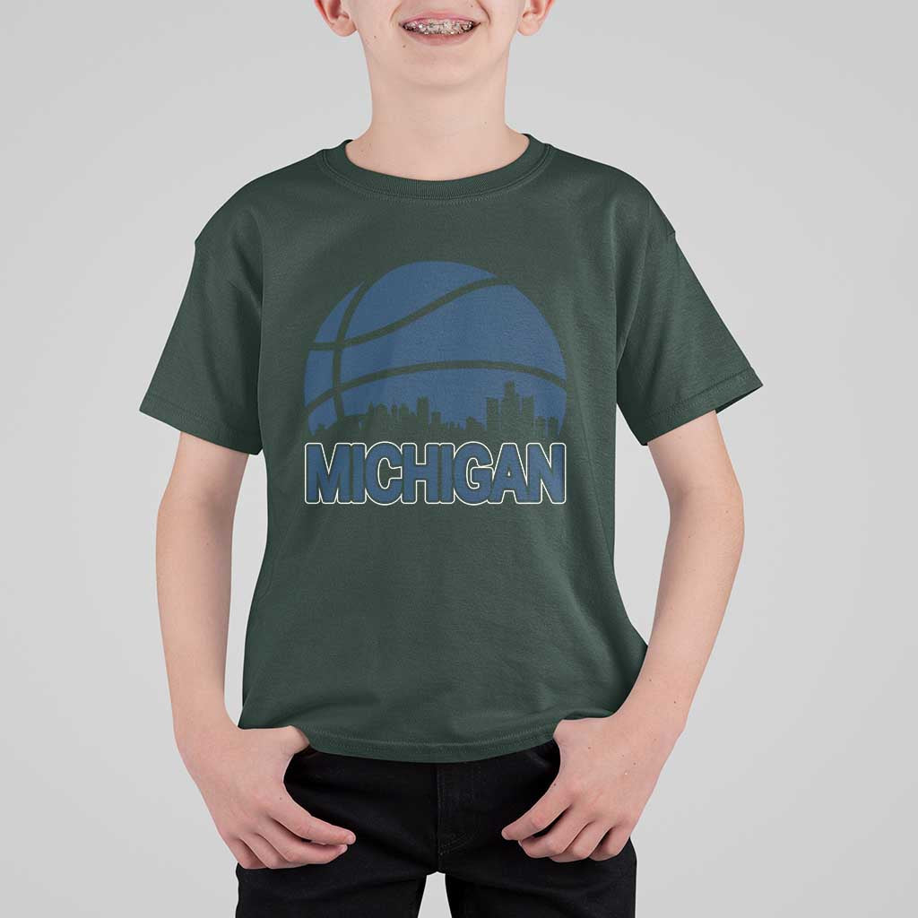 Vintage Urban Michigan Skyline T Shirt For Kid Gift For Basketball Fan
