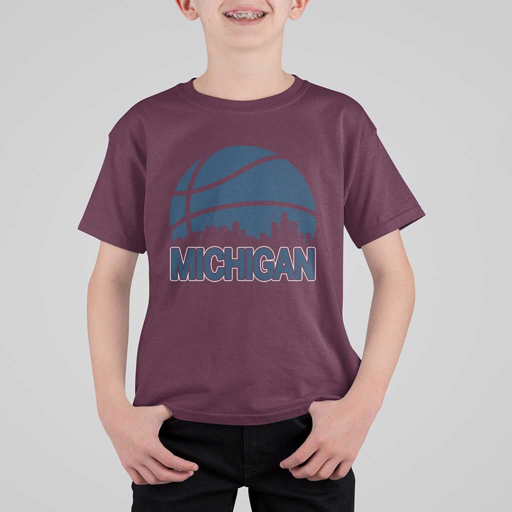 Vintage Urban Michigan Skyline T Shirt For Kid Gift For Basketball Fan