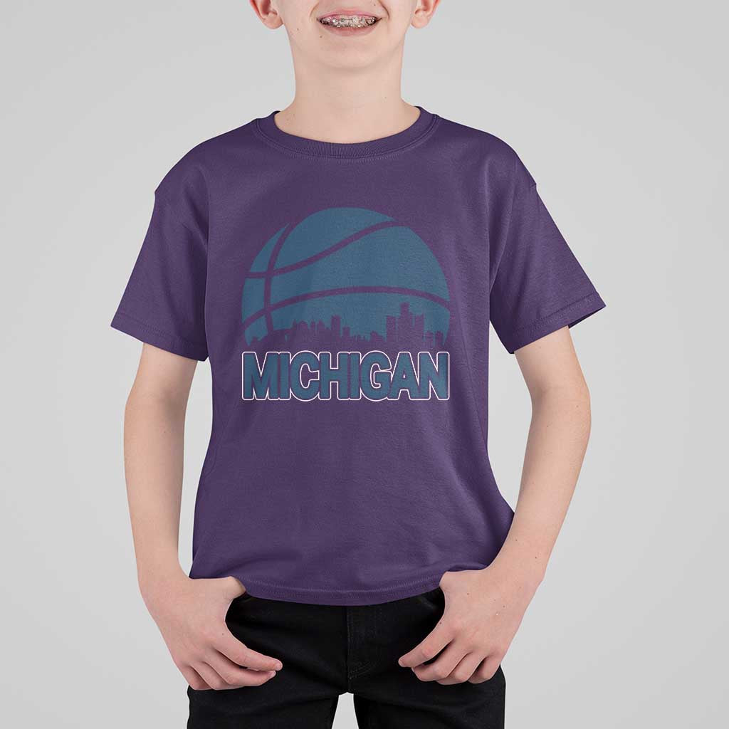 Vintage Urban Michigan Skyline T Shirt For Kid Gift For Basketball Fan