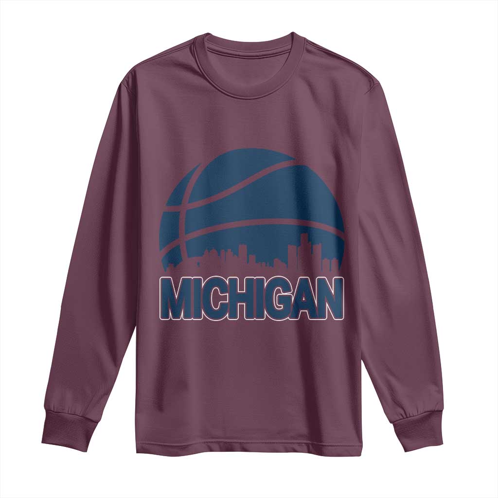 Vintage Urban Michigan Skyline Long Sleeve Shirt Gift For Basketball Fan