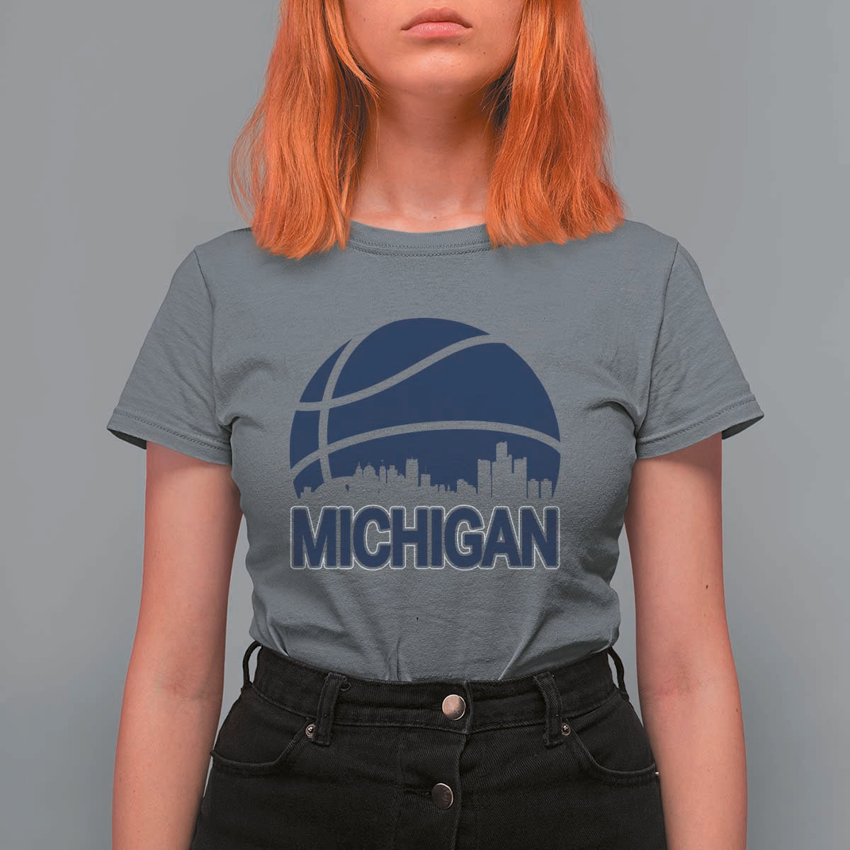 Vintage Urban Michigan Skyline T Shirt For Women Gift For Basketball Fan